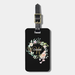 Svart guldbokstavsmonogram med rosor och blomsterk bagagebricka