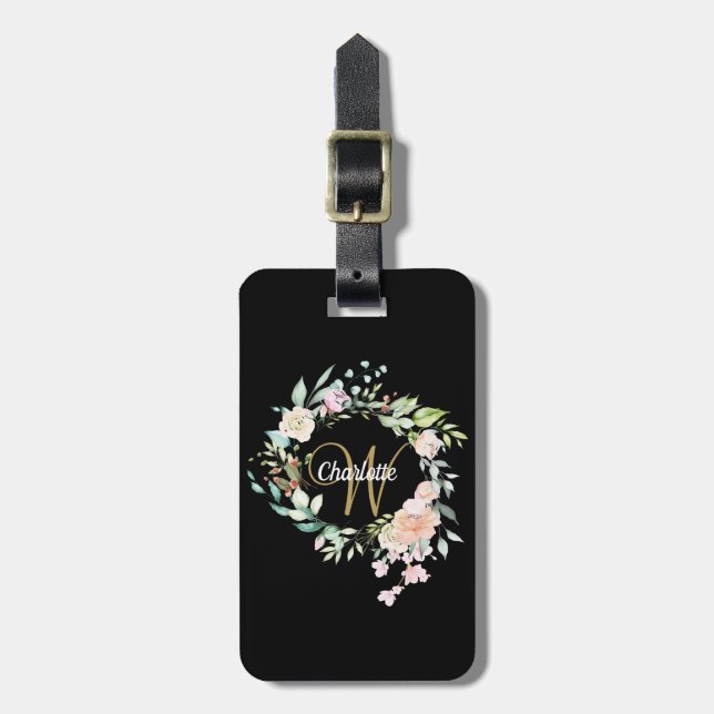 Svart guldbokstavsmonogram med rosor och blomsterk bagagebricka (Vertikal Framsida)