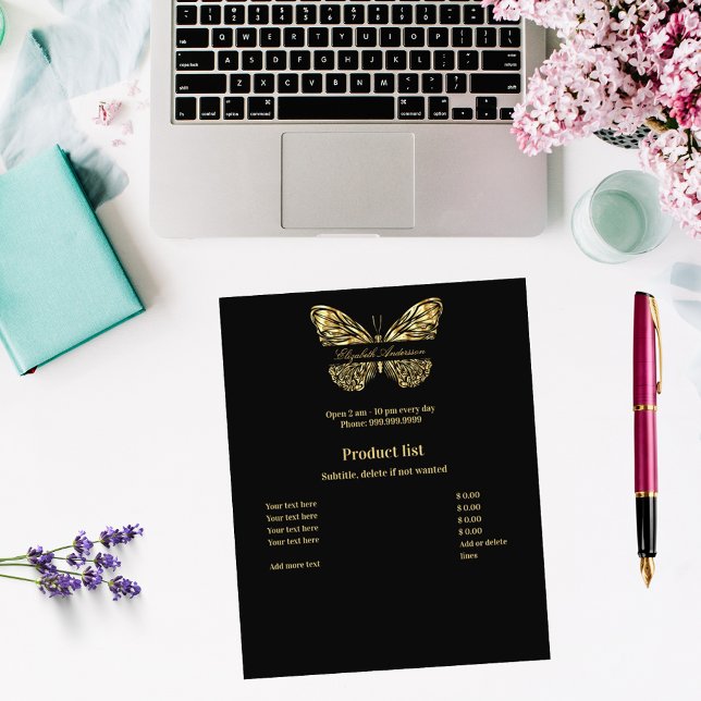 Svart guldfjäril affärs prislista flygblad (Skapare uppladdad)