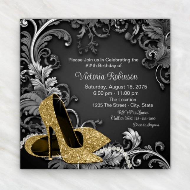 Svart guldsko-födelsedagsfest för kvinnor inbjudningar (Elegant gold shoe and swirls any number birthday or event invitation. Simply add your details.)