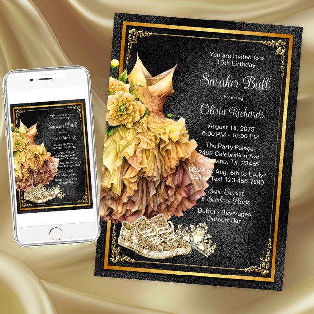 Svart Guldsneakerbalen  Inbjudningar (Black gold sneaker ball invitation. Instant download and printed invitations available.)