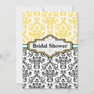 Svart gult aqua Damask bröllopsmöhippa Inbjudningar