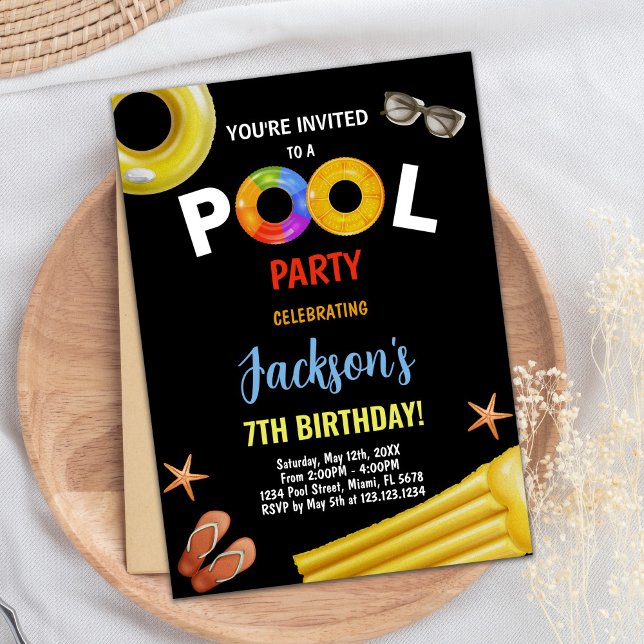 Svart Gult, blåa Bassäng-födelsedagsinbjudningar Inbjudningar (Black Yellow Blue Pool Birthday Invitations)