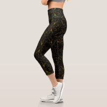 Svart Gult Blommigt Swirls High Waisted Capris