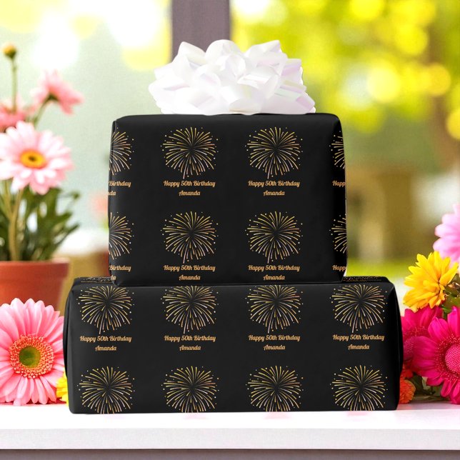 Svart Gult Fireworks Birthday Wrapping Papper Presentpapper (Skapare uppladdad)