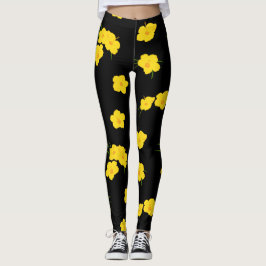 Svart Gult Hibiscus Flower Patterned Leggings