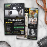 Svart Gult Mint Professionell Photography Logotyp Flygblad<br><div class="desc">Svart flygare i marknadsföring för en personlig för professionell med foton, logotyper, kontaktinformation, anpassningsbar och QR-kod. Lägg till ditt arbete i den här reklamflygaren om du vill ha ett professionell-fotograferingsföretag med skarp gult och grönt som accent färg. Lägg till specialerbjudanden och aktuella rabatterbjudanden. På baksidan visningar du ett exempel på...</div>