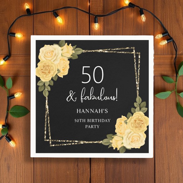 Svart Gult och Guld Blommigt 50:e födelsedagen Pappersservett (Skapare uppladdad)