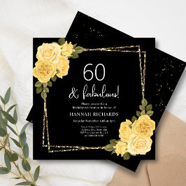 Svart Gult och Guld Blommigt 60:e födelsedag Inbjudningar