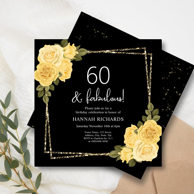 Svart Gult och Guld Blommigt 60:e födelsedag Inbjudningar (Skapare uppladdad)