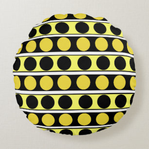 Svart, Gult och vitt Rand och Polka dots Rund Kudde
