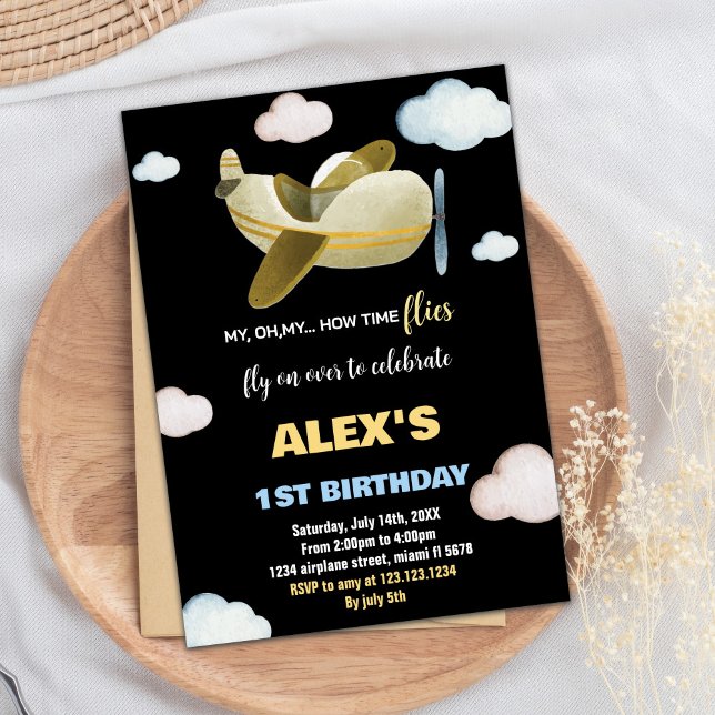 Svart Gult Orange Flygplanets födelsedagsinbjudnin Inbjudningar (Black Yellow Orange Airplane Birthday Invitations)