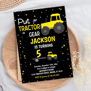 Svart Gult Tractor Birthday-inbjudan Inbjudningar