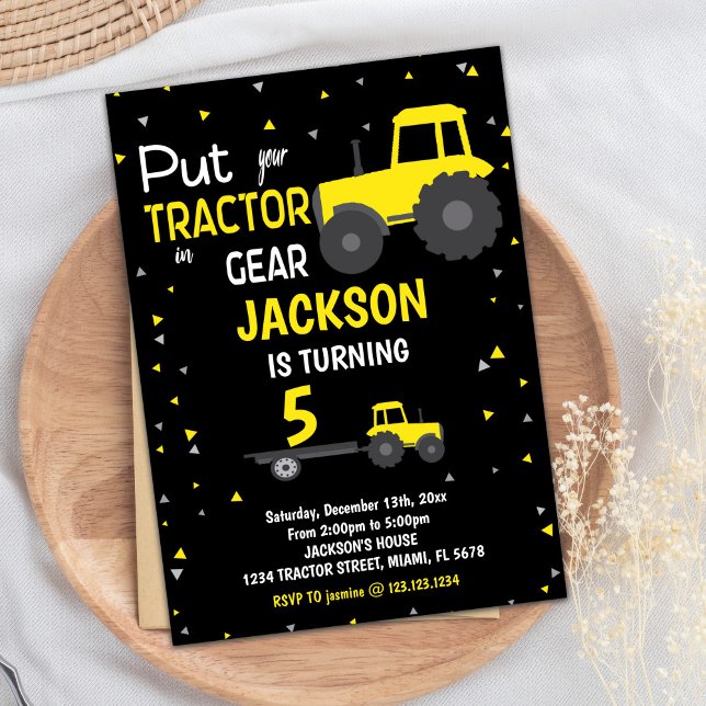 Svart Gult Tractor Birthday-inbjudan Inbjudningar (Black Yellow Tractor Birthday Invitations)