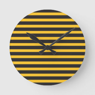 Svart Gult Vågrät Linjer Geometric Bee Animal Rund Klocka