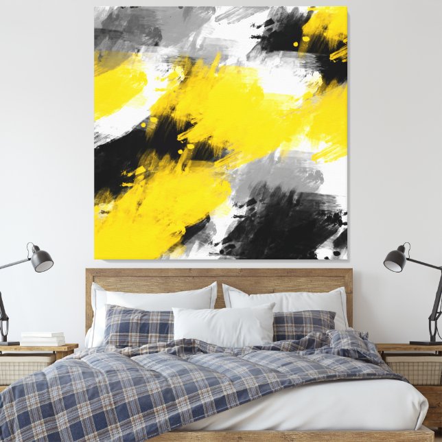 Svart Gult White Modern Abstrakt Brushstrokes Canvastryck (Insitu (sovrum))