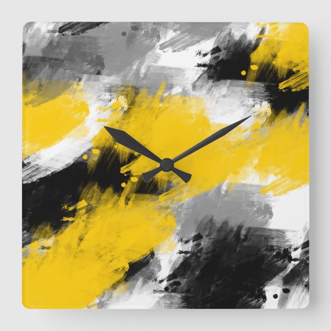 Svart Gult White Modern Abstrakt Brushstrokes Fyrkantig Klocka (Framsida)