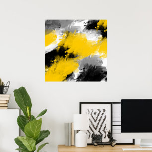 Svart Gult White Modern Abstrakt Brushstrokes Poster