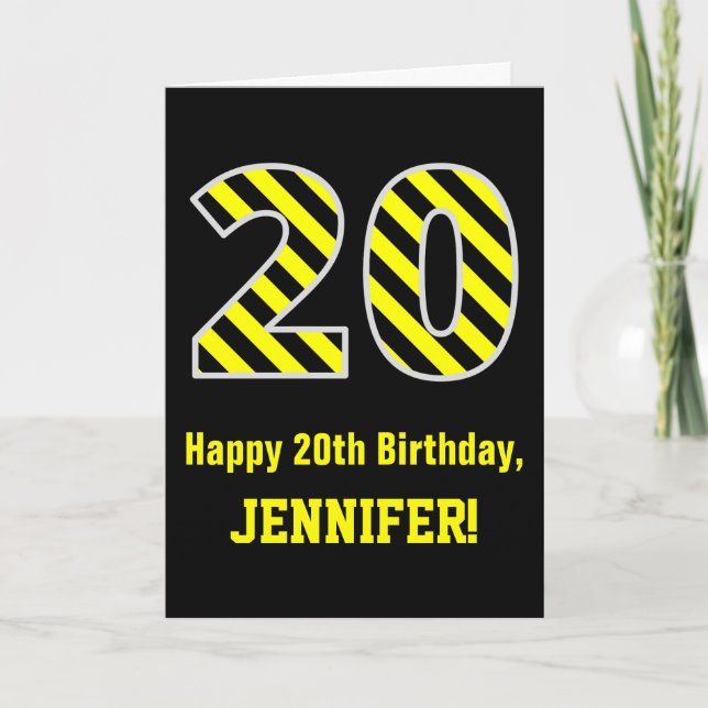 Svart & Gultrandig "20"; 20-årsdag + Namn Kort (Framsida)