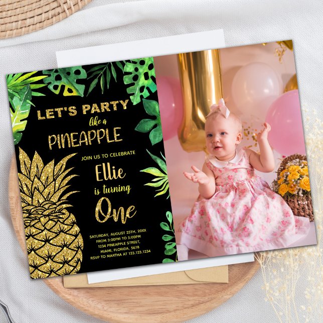 Svart gyllene anananas Glitter med foto Inbjudningar (1st Black Golden Glitter Pineapple with photo Invitation)