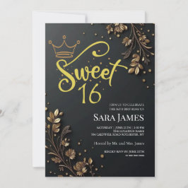 Svart gyllene blomsterglada Sweet 16 födelsedag Inbjudningar