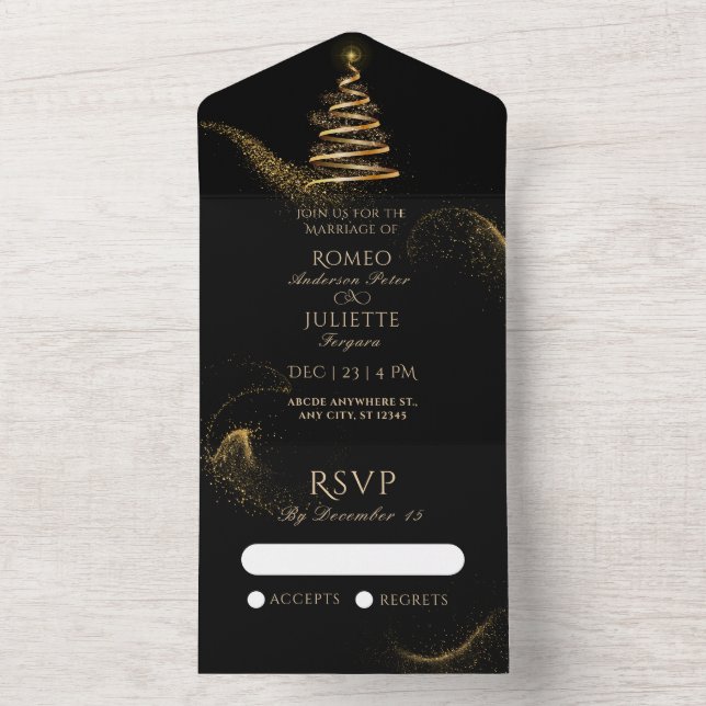 Svart gyllene elegant julgran bröllop (Insida)