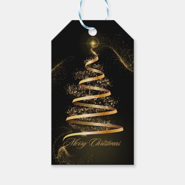 Svart gyllene elegant julgran gnistra presentetikett (Framsidan)