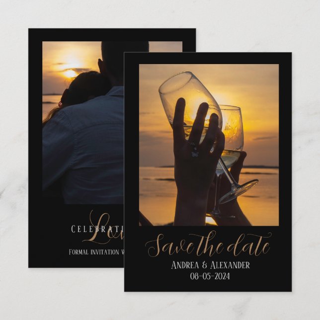 Svart gyllene foto framsida+baksida Save The Date- Spara Datumet (Fram/baksida)