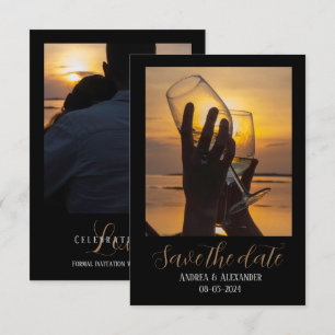 Svart gyllene foto framsida+baksida Save The Date- Spara Datumet