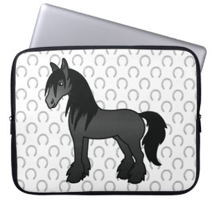 Svart Gypsy Vanner Clydesdale Shire Tecknad Häst Laptop Fodral