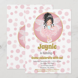 Svart Hair Rosa Fairy Girls Birthday-inbjudan Inbjudningar