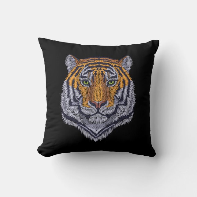 Svart hakbroderikonstruktion Tiger Head Black Kudde (Framsida)
