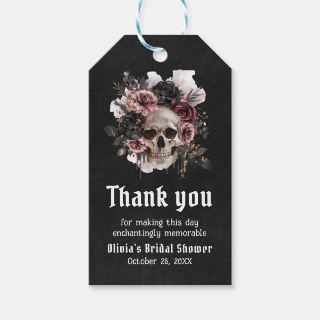 Svart Halloween Blommig Dödskalle Gotisk Bröllopsd Presentetikett (Framsidan)