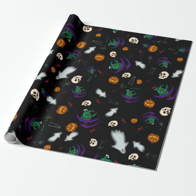 Svart Halloween-inslagspapper Presentpapper (Utrullad)