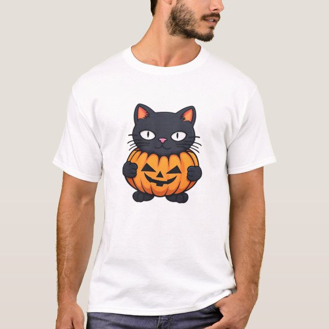 Svart Halloween Katt Klassisk T-Shirt (Framsida)