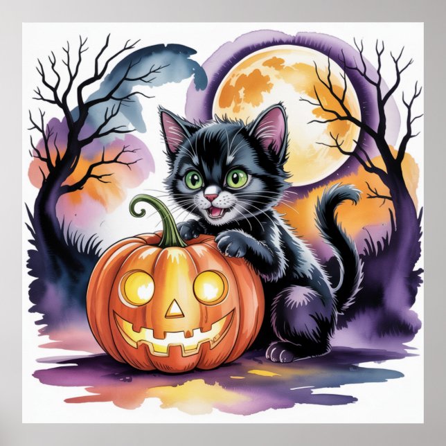 Svart Halloween-katt med Jack-O-Lantern, svart kat Poster (Framsidan)