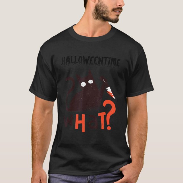 Svart Halloween-katt med Knivar T Shirt (Framsida)