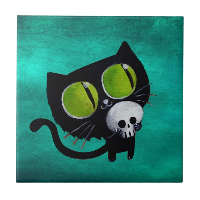 Svart Halloween katt med skallen Kakelplatta (Framsidan)