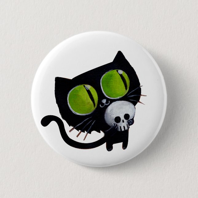 Svart Halloween katt med skallen Knapp (Framsida)
