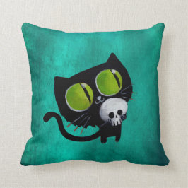 Svart Halloween katt med skallen Kudde
