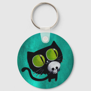Svart Halloween katt med skallen Nyckelring