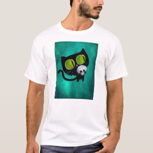 Svart Halloween katt med skallen Tee Shirt