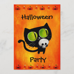 Svart Halloween-katt med Skull-partiinbjudan Inbjudningar