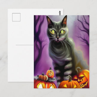 Svart Halloween-katt och utskurna pumpor Vykort