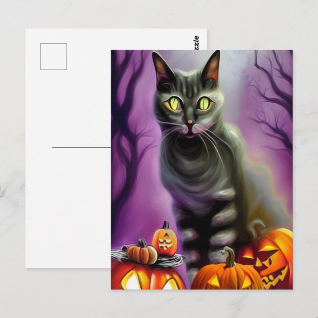 Svart Halloween-katt och utskurna pumpor  Vykort (Fram/baksida)