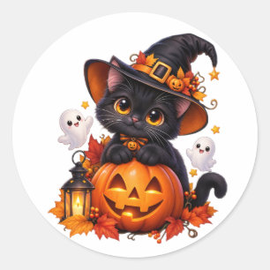 Svart Halloween-katt Pumpa-dekal Runt Klistermärke