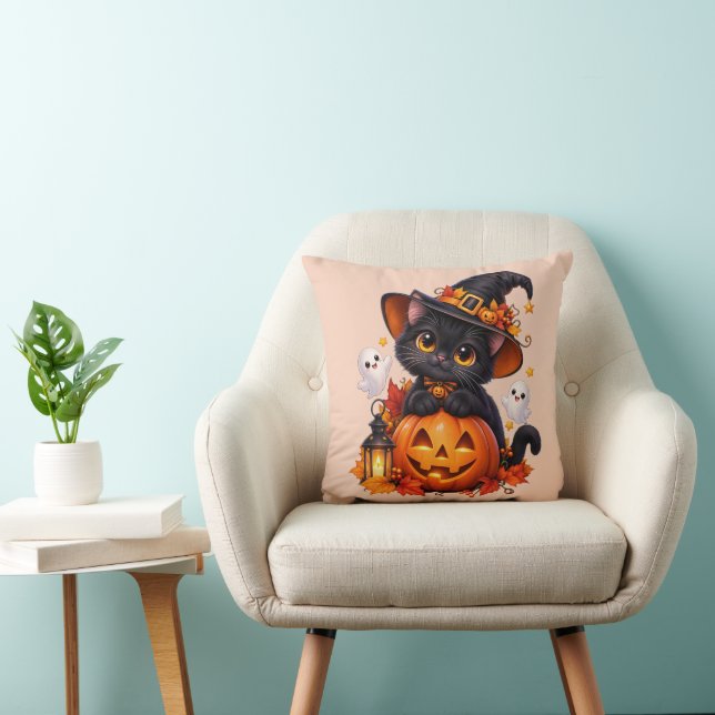 Svart Halloween-katt Pumpa Kudde (Stol)
