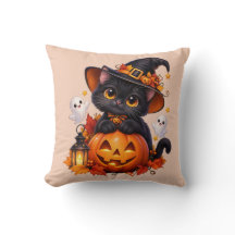 Svart Halloween-katt Pumpa Kudde