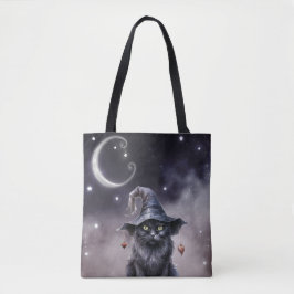 Svart Halloween-katt som bär en häxhatt Tygkasse