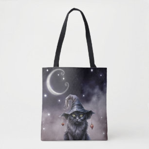 Svart Halloween-katt som bär en häxhatt Tygkasse